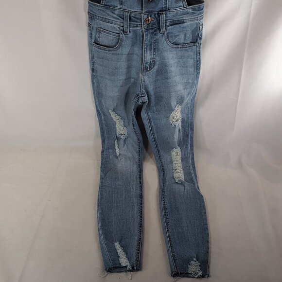 Guess Jeans Lightwash Blue Denim Rose Gold Overalls Distressed Women's 24 Pants - Picture 4 of 14